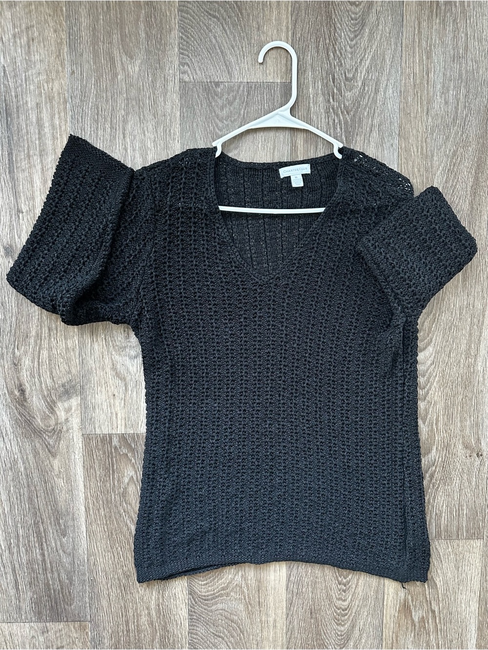 Charter Club Women’s XL Black Crochet Knit Top V-Neck Long Sleeve Sweater